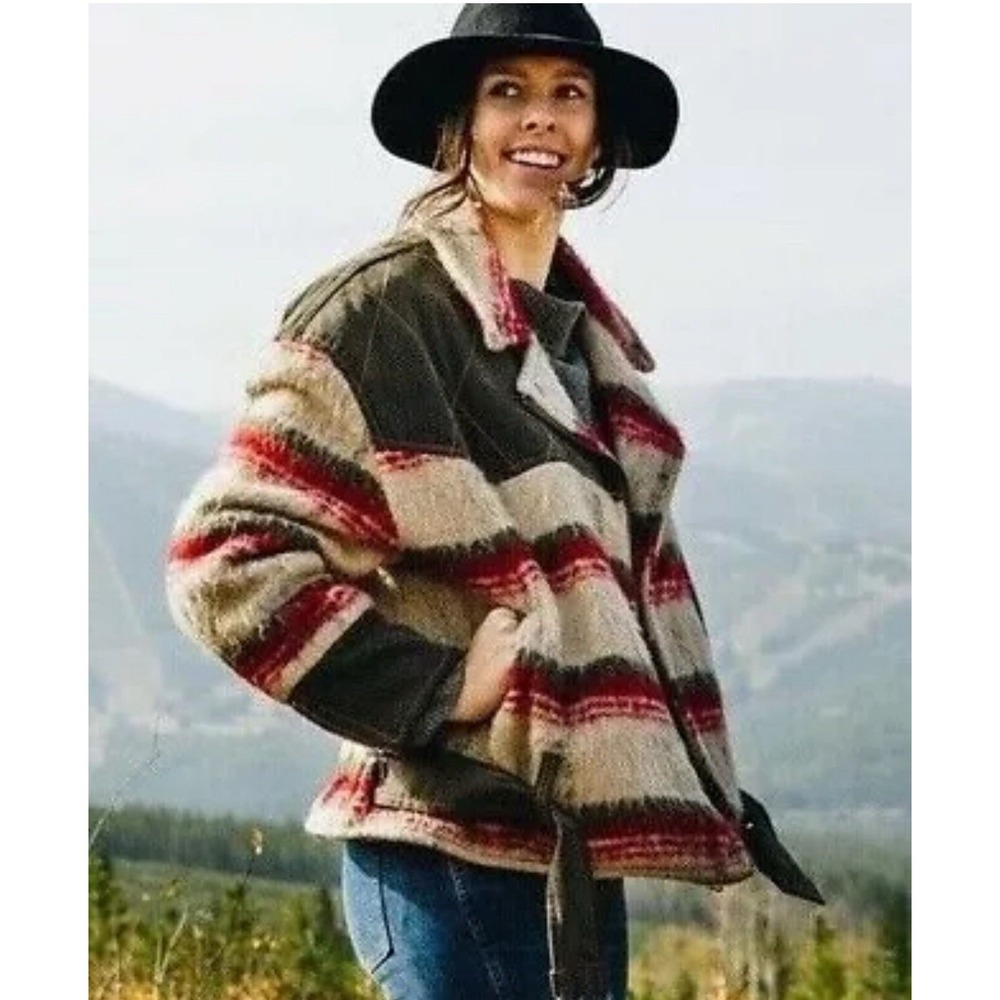 Free People Montana Jacket Moto Belted Stripe Oversize Red Taupe Tan XS $298